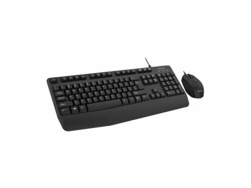 Wired keyboard and mouse set on white background.