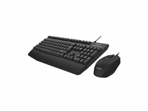 Black wired keyboard and mouse set on white background.