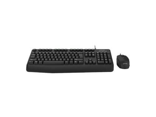 Black wired keyboard and mouse set.