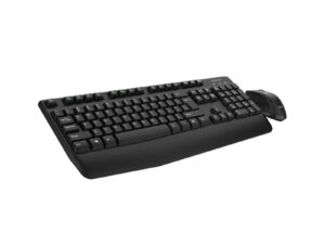 Ergonomic wireless keyboard and mouse set on white background.