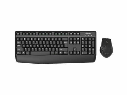 Wireless keyboard and mouse set on white background.