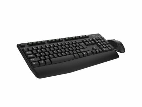 Black ergonomic keyboard and mouse set.