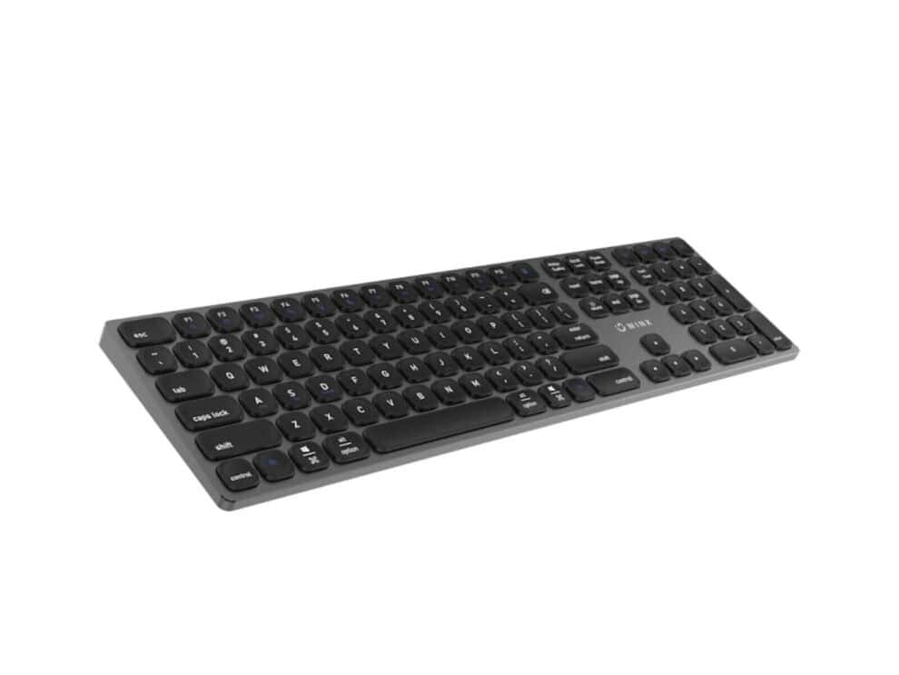 Black wireless computer keyboard on white background.
