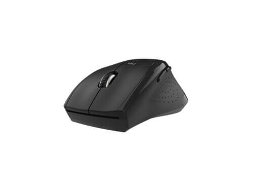 Black wireless ergonomic computer mouse on white background.