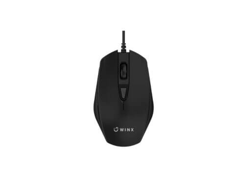 Black wired optical mouse on white background.