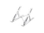 Adjustable silver laptop stand on white background.