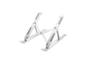 Adjustable silver laptop stand on white background.