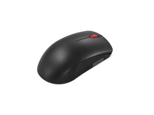 Black wireless computer mouse with red scroll wheel.