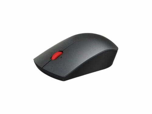 Wireless black computer mouse with red scroll wheel