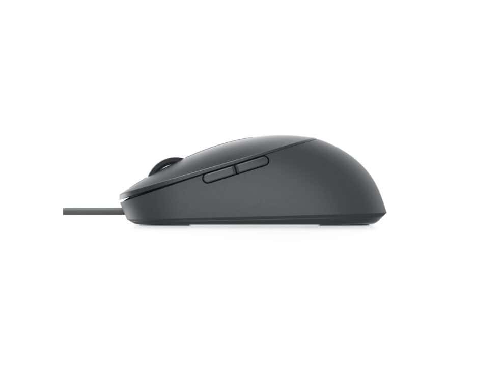 Black wired optical computer mouse on white background.
