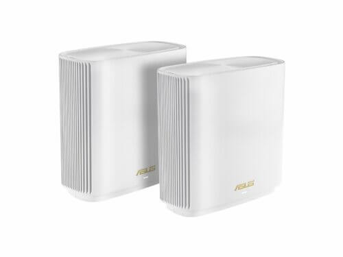 Two white ASUS wireless network routers on white background.