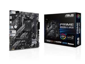 ASUS B550M-K motherboard with packaging.
