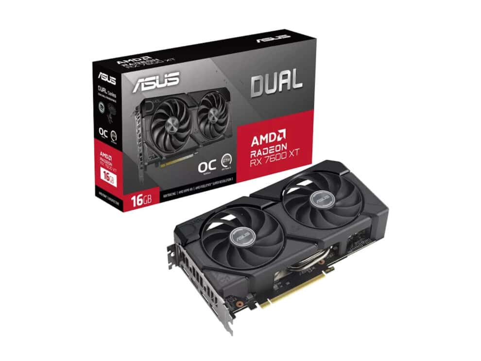 pci express 40/16gb gddr6/1xhdmi / 3xdp/ 227.2 x 123.24 x 49.6 mm. 600w/max 4xdisplay ASUS Radeon RX 7600 XT graphics card and packaging.
