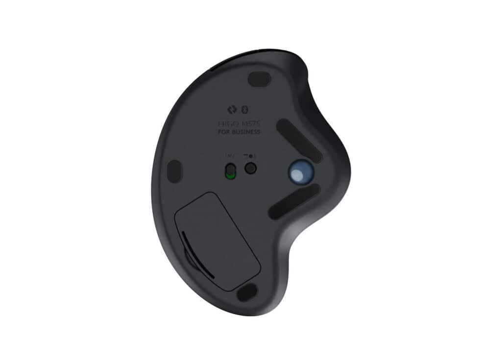 Ergonomic computer mouse back view with buttons and switch.