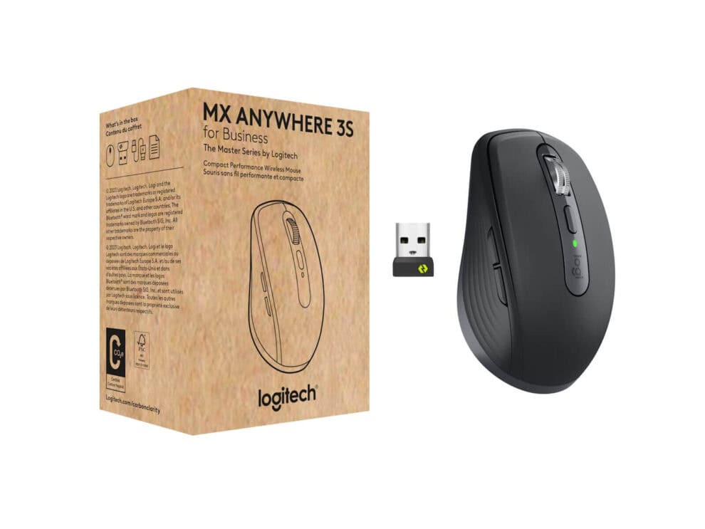 Logitech MX Anywhere 3 wireless mouse and packaging.