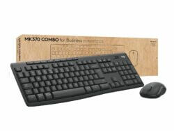 Wireless keyboard and mouse combo on desk.