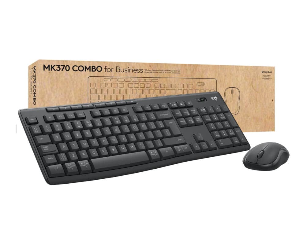Wireless keyboard and mouse combo on desk.
