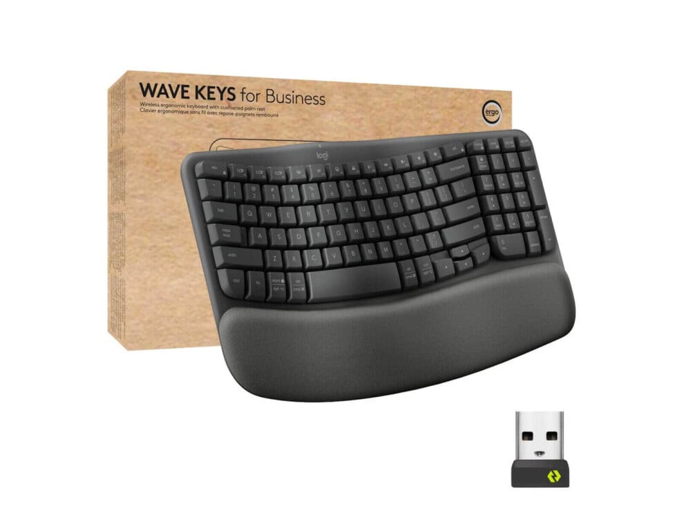 Ergonomic wireless keyboard with cushioned wrist pad.