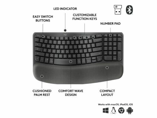 Ergonomic wireless keyboard with customizable keys and number pad.