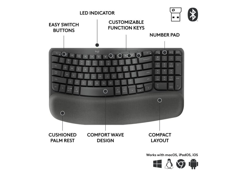 Ergonomic wireless keyboard with customizable keys and number pad.