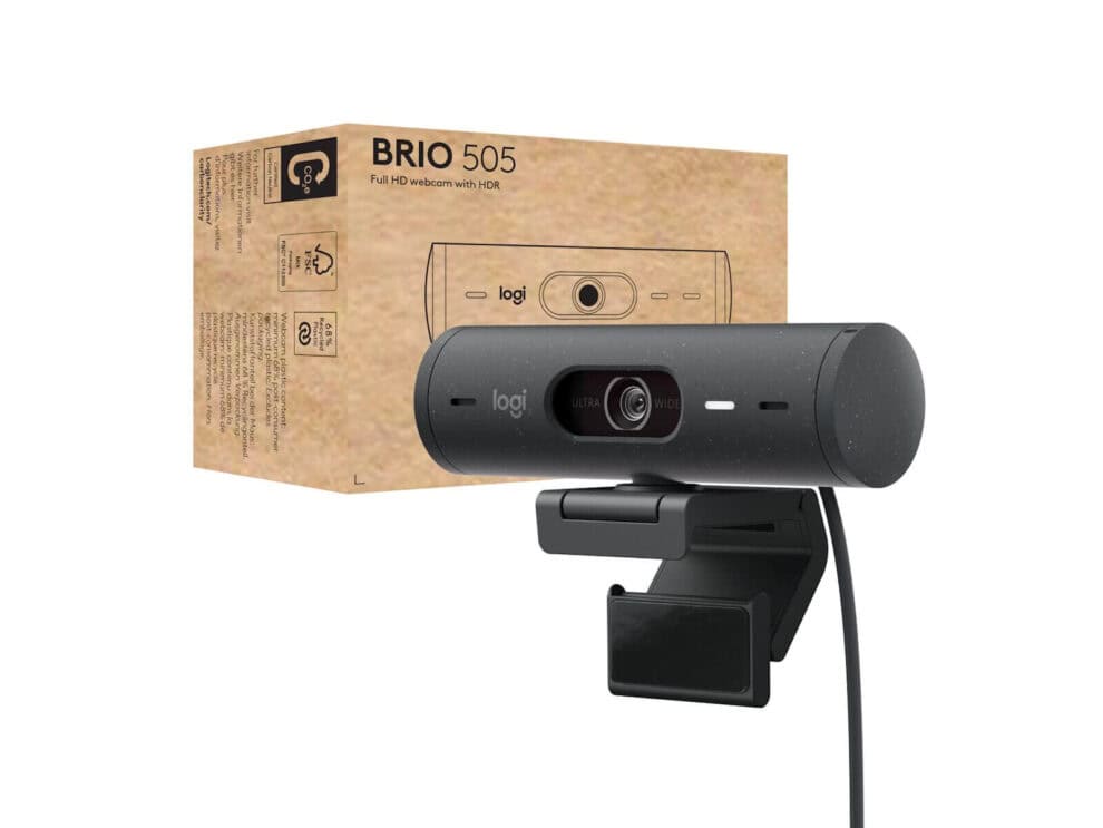 webcam logitech brio 505 graphite usb n/a emea 951 emea Logitech BRIO 505 webcam and packaging.