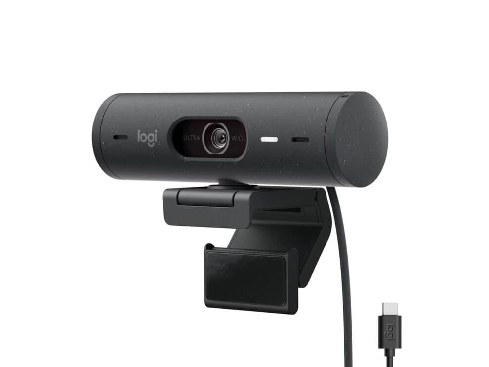 Logitech webcam with ultra-wide lens and mount.