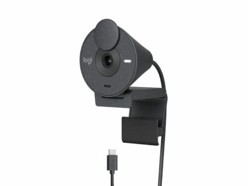 Logitech webcam with USB cable on white background.