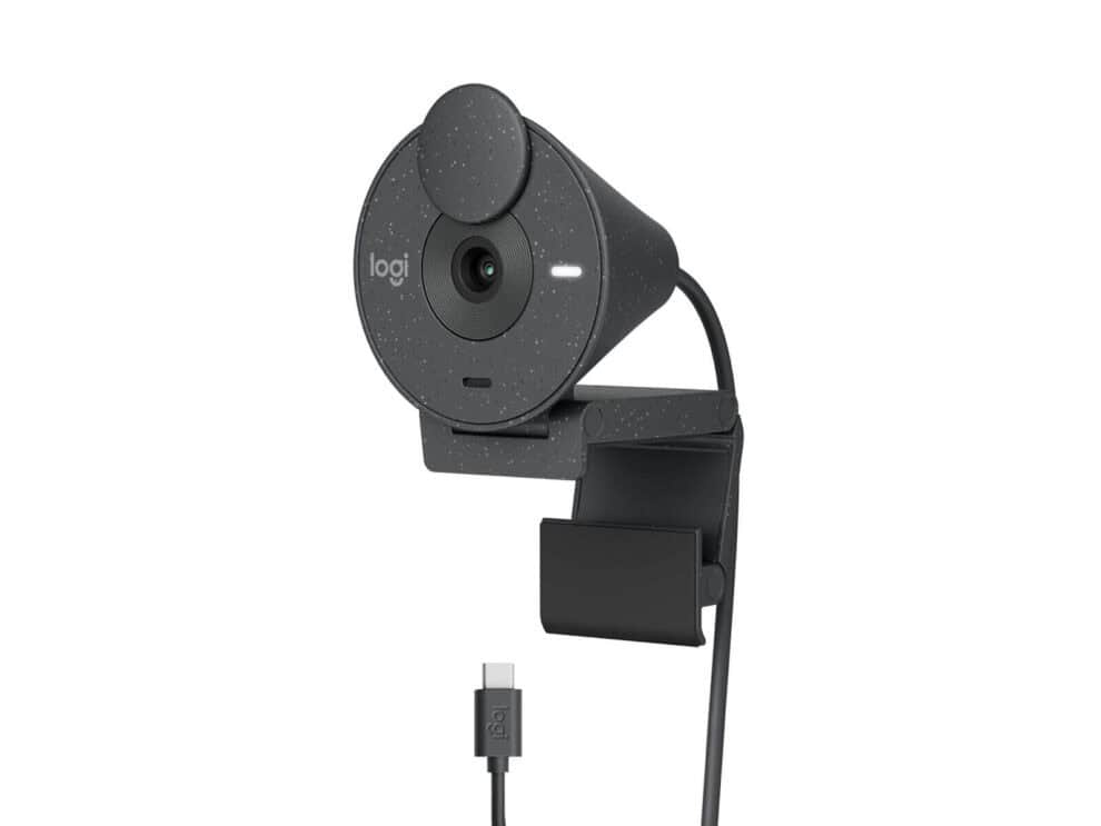 Logitech webcam with USB cable on white background.