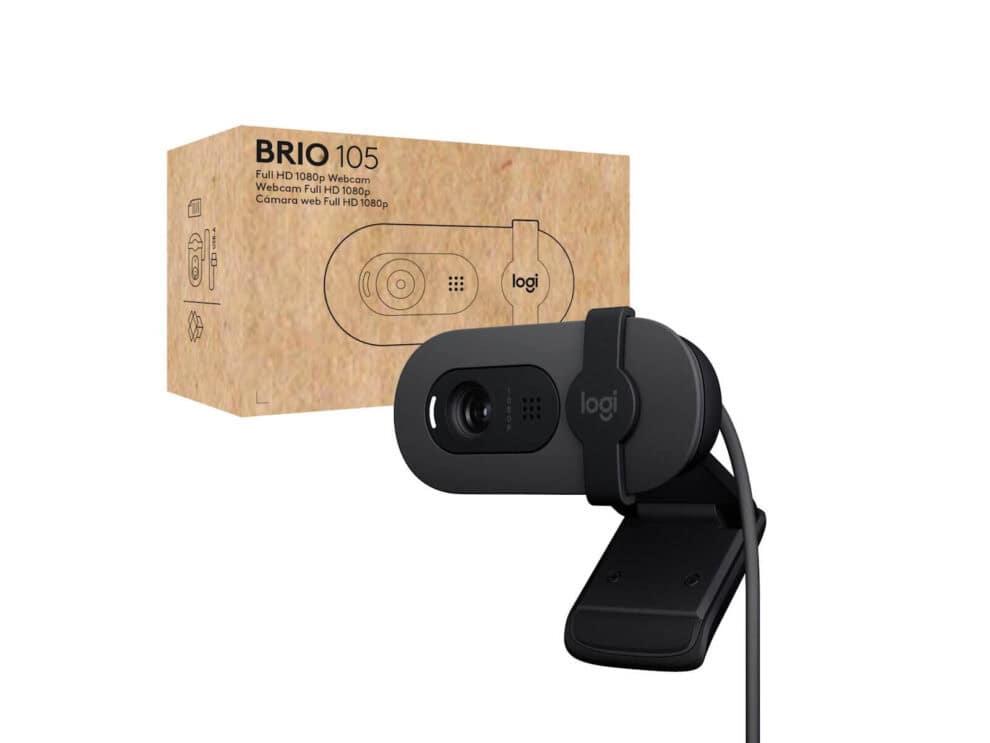 webcam logitech brio 105 full Logi Brio 105 full HD webcam and packaging.