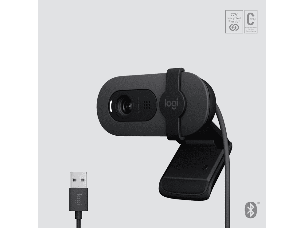 Logitech webcam with USB cable on white background.