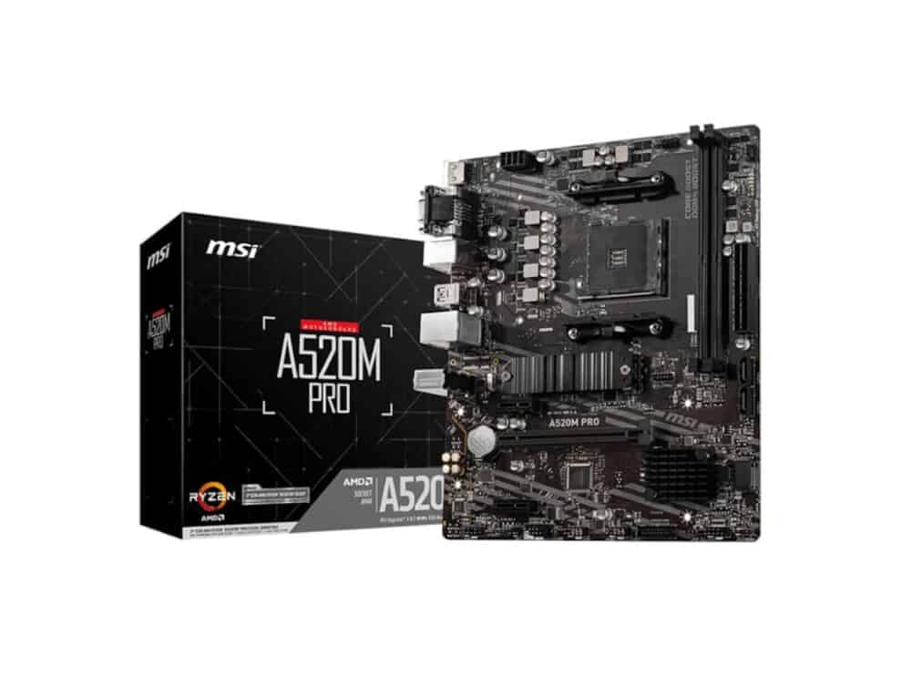 msi a520m pro amd am4 matx gaming motherboard MSI A520M PRO motherboard and packaging.