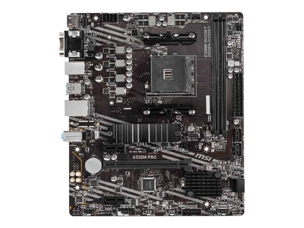 MSI A520M PRO motherboard isolated on white background.