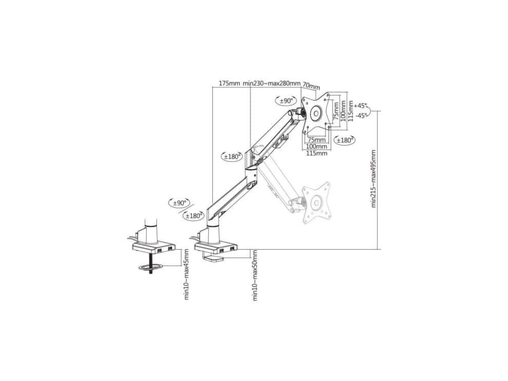 Technical drawing of articulated mounting arm dimensions.