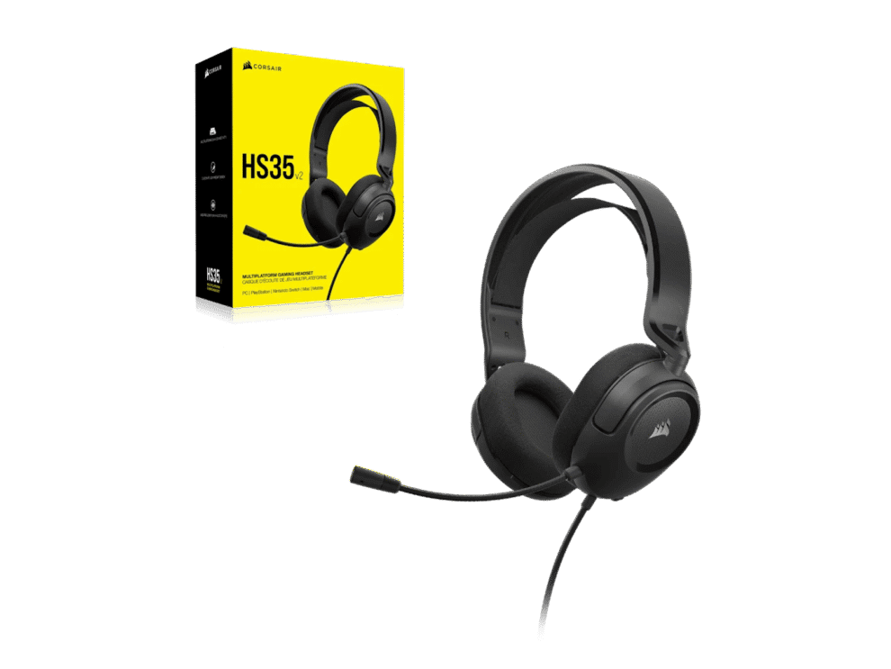 corsair hs35 v2 multiplatform gaming headset; carbon Black gaming headset with microphone and packaging.