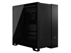 Black computer tower case on white background.