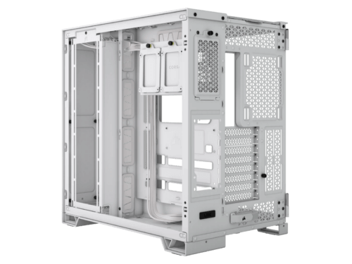 Empty white ATX computer case on white background.