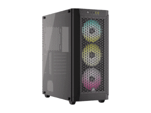 Modern gaming PC tower with RGB fans.