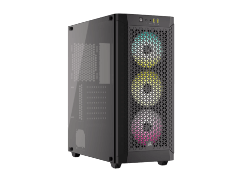 Modern gaming PC tower with RGB fans.