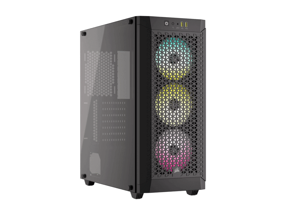 Modern gaming PC tower with RGB fans.
