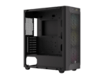 Empty mid-tower computer case on dark background.