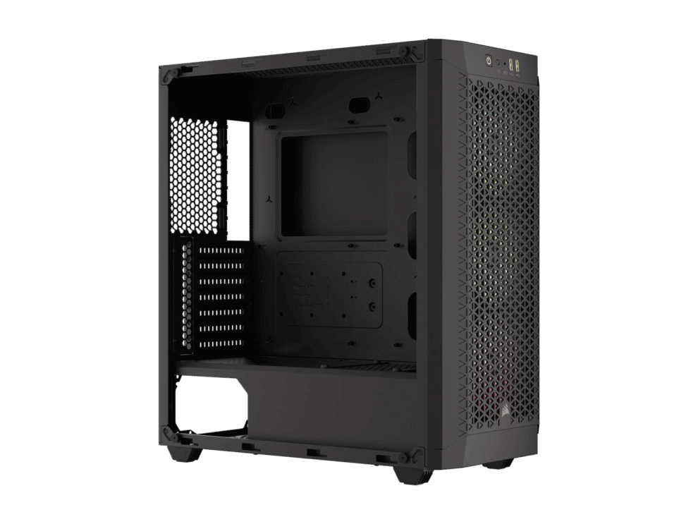 Empty mid-tower computer case on dark background.