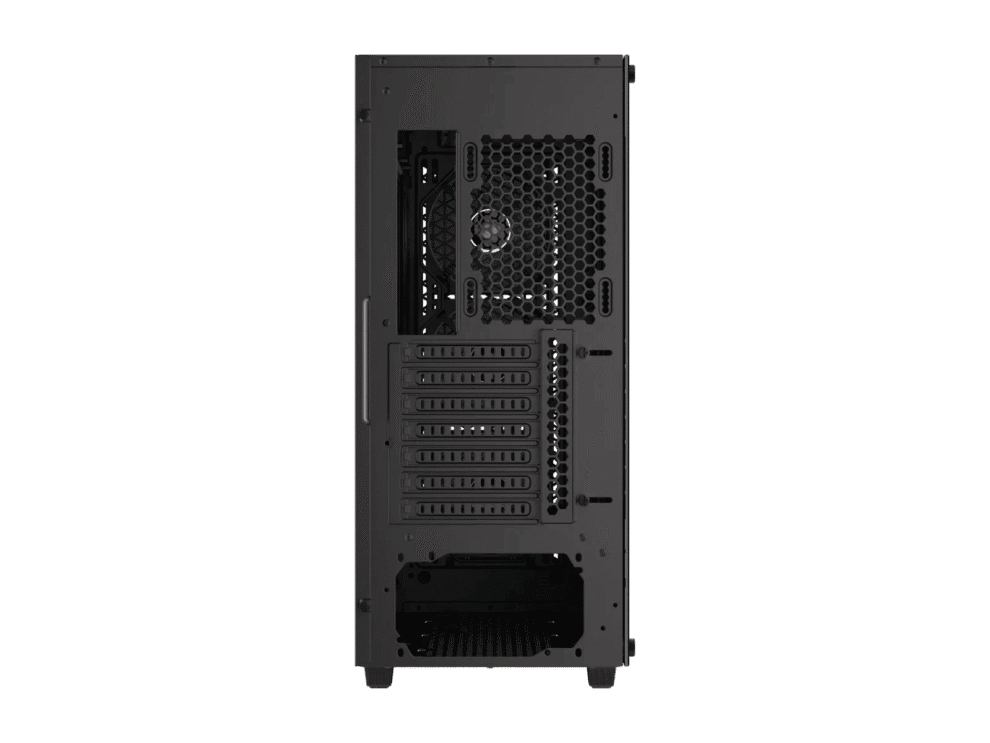 Rear view of desktop computer case.