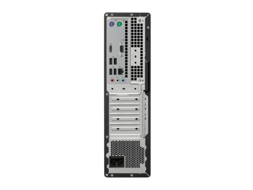 Rear view of desktop PC tower ports and slots