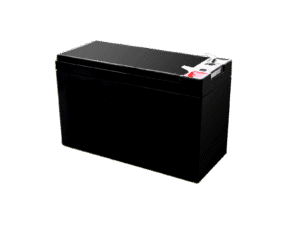 Sealed lead-acid battery on black background.