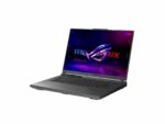 Gaming laptop with open lid displaying logo on screen.
