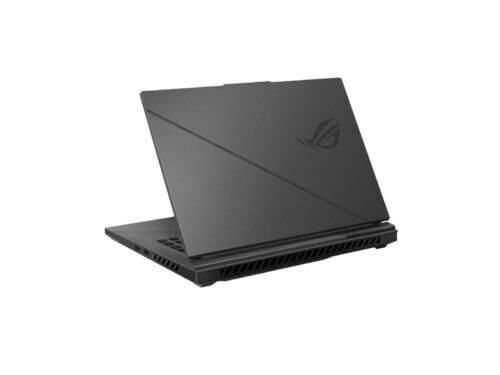 Black gaming laptop rear view.
