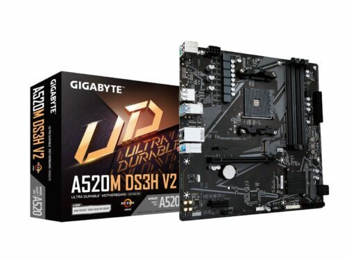 GIGABYTE A520M motherboard packaging and product view.