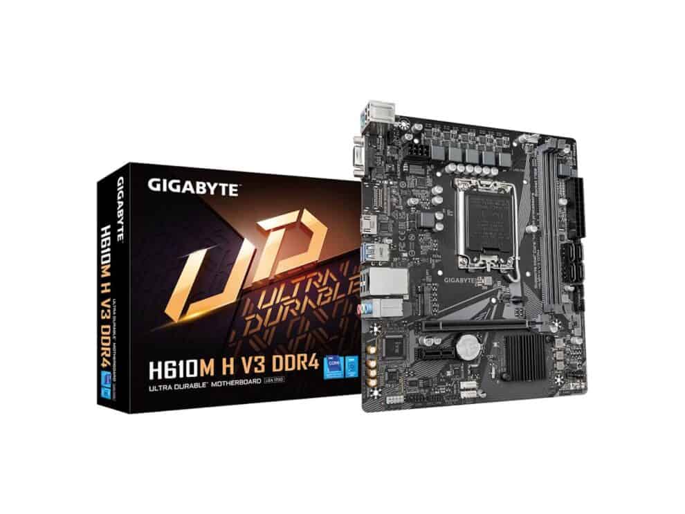 GIGABYTE H610M motherboard and packaging.