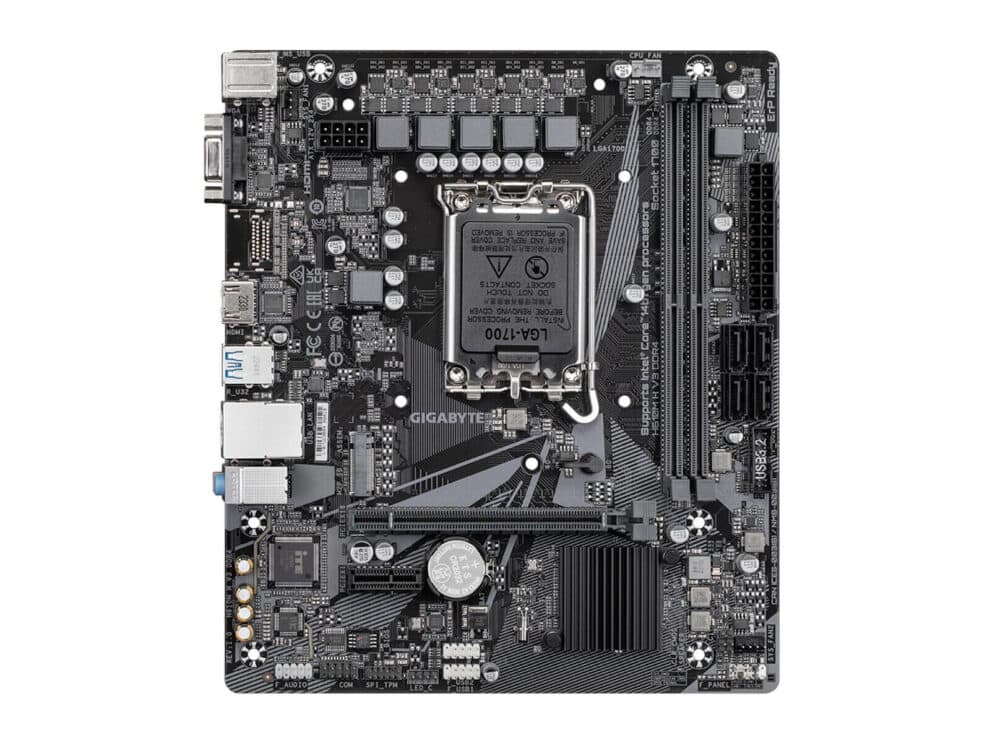 Gigabyte motherboard for computers, top view.