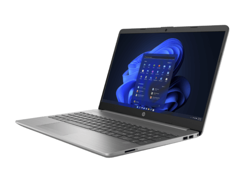 Silver laptop with Windows 11 screen.